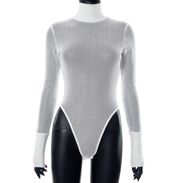 Solid mesh patchwork high neck long sleeved jumpsuit top T-shirt