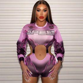 Motorcycle printed backpack button exposed navel long sleeved jumpsuit
