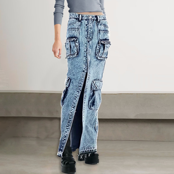 Denim skirt with high waist stitching and worn pocket long skirt
