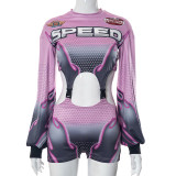 Motorcycle printed backpack button exposed navel long sleeved jumpsuit