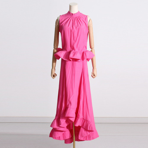 100 pleated standing collar sleeveless top with asymmetric stitching and ruffle edge skirt two-piece set