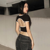 Contrast edging U-neck short sleeved hollowed out backless top T-shirt