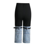 High waisted skinny knee panel denim design with fashionable contrast color elastic waistband capris