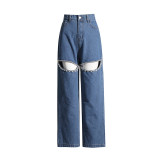 Diamond studded beaded design with a sense of niche hollowed out jeans and loose straight pants