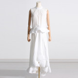 100 pleated standing collar sleeveless top with asymmetric stitching and ruffle edge skirt two-piece set