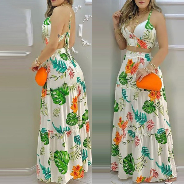 Women's printed fresh and sweet casual fashion sexy skirt set