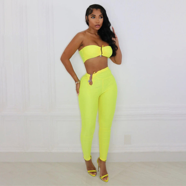 Solid color navel exposed bra sexy high waist tight lifting buttocks pants set