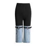 High waisted skinny knee panel denim design with fashionable contrast color elastic waistband capris