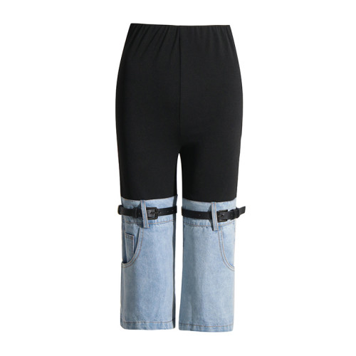 High waisted skinny knee panel denim design with fashionable contrast color elastic waistband capris