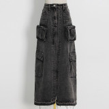 Denim skirt with high waist stitching and worn pocket long skirt