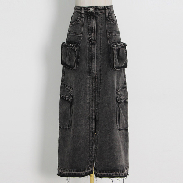 Denim skirt with high waist stitching and worn pocket long skirt