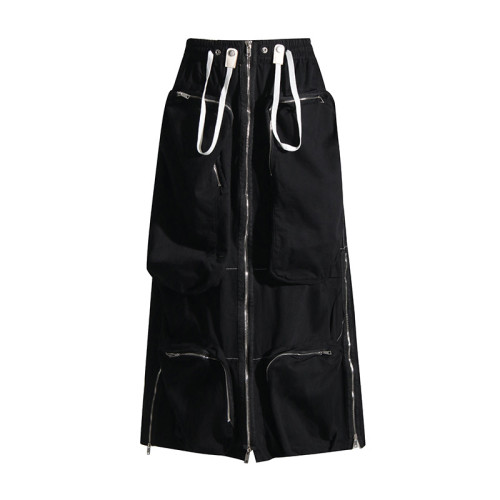 Heavy Industry Zipper Large Pocket Mid length Skirt High Waist Work Dress Half length Skirt