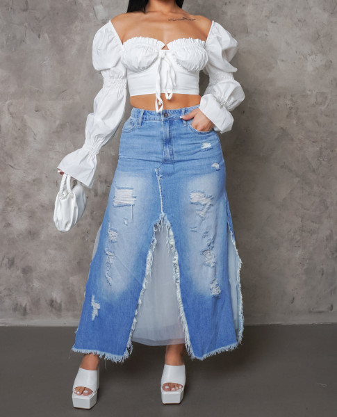 Worn and torn denim skirt, denim long skirt