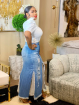 Worn and torn denim skirt, denim long skirt Worn and torn denim skirt, denim long skirt