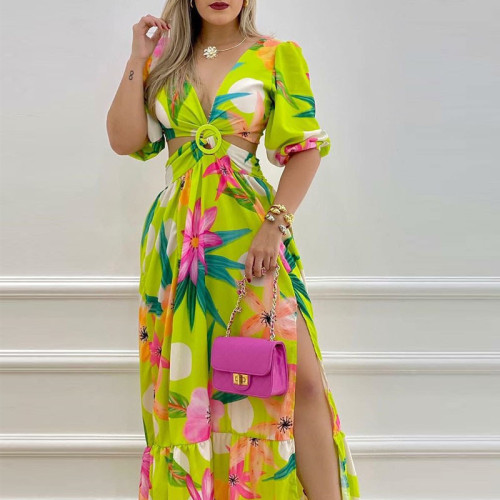 Women's printed temperament commuting long high waisted slit sexy dress