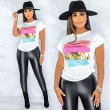 Women's Fashion Solid Color Colorful Graffiti Color Block Printing Casual Versatile Loose T-shirt