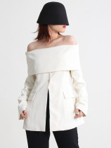 Design Sense Small Suit One line Neck Off Shoulder Long Sleeve Suit Coat Design Sense Small Suit One line Neck Off Shoulder Long Sleeve Suit Coat