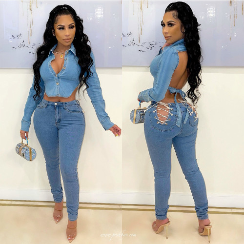 Sexy buttocks hollowed out, sexy slim fitting stretch leg jeans
