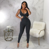 Sleeveless sexy deep V-neck tight jumpsuit