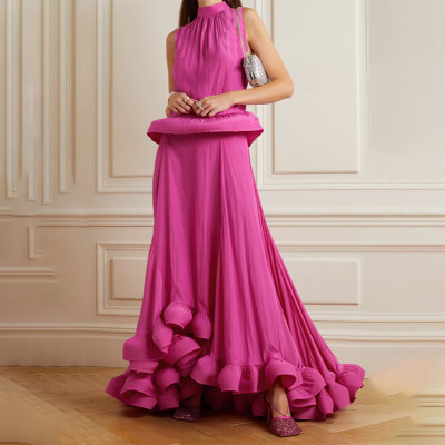 100 pleated standing collar sleeveless top with asymmetric stitching and ruffle edge skirt two-piece set