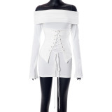 Flat neck flared long sleeved waist tied open backpack buttocks dress