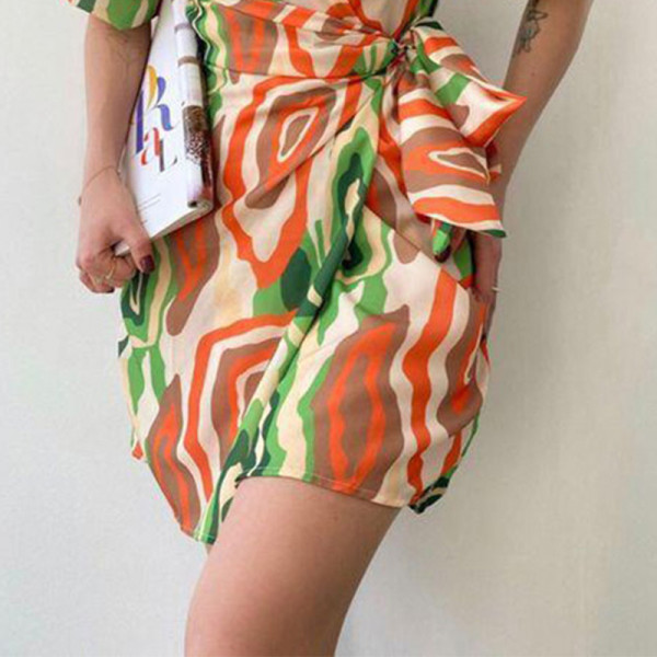 Women's printed sexy pleated V-neck waistband casual dress
