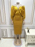 Fashionable studded mesh patchwork top pleated skirt two-piece set