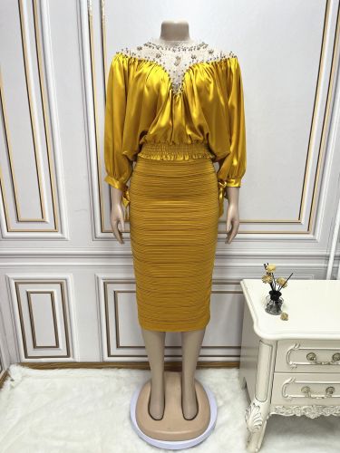 Fashionable studded mesh patchwork top pleated skirt two-piece set