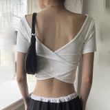 Solid color half open neck short sleeved cross over backless sexy top T-shirt