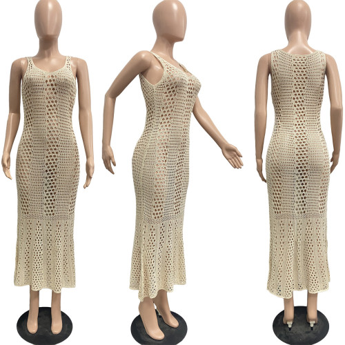 Women's sexy hollow out solid V-neck knitted sleeveless fishtail dress