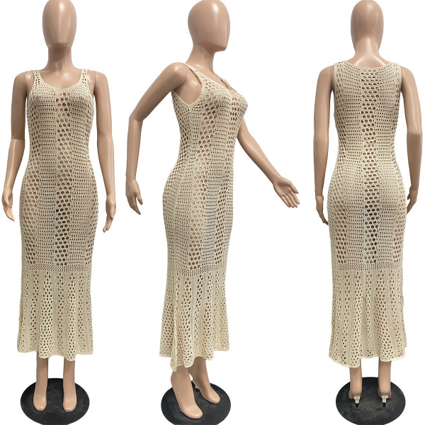 Women's sexy hollow out solid V-neck knitted sleeveless fishtail dress