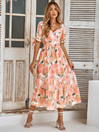 Leisure printed waistband bubble sleeved V-neck dress