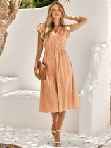 Solid V-neck waistband fresh style dress for women