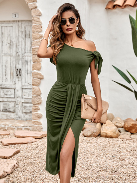 Casual Knitted Oblique Collar Waist Split Dress for Women