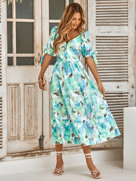 Leisure printed waistband bubble sleeved V-neck dress