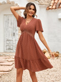 Fresh V-neck Solid Color Ruffle Sleeve Dress for Women