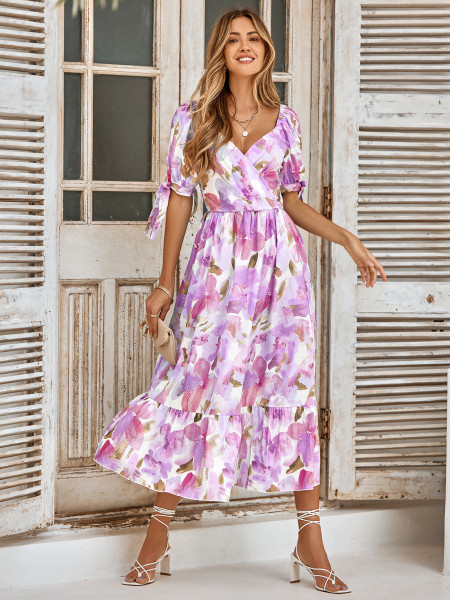 Leisure printed waistband bubble sleeved V-neck dress