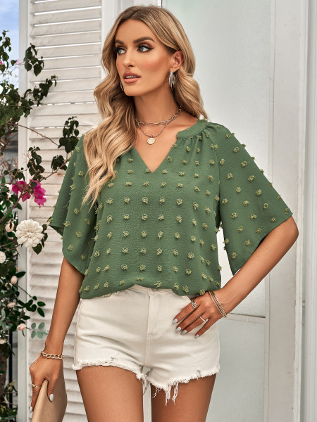 Casual style V-neck solid color wool ball top for women