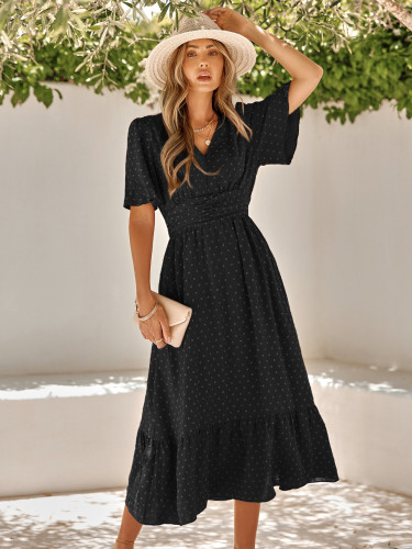V-neck ruffle sleeve solid color dress for women