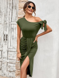 Casual Knitted Oblique Collar Waist Split Dress for Women