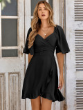 V-neck solid color waistband ruffled summer dress for women