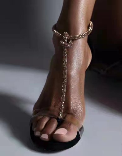 Transparent upper, sequin chain, slim high heel sandals for women