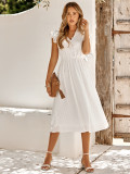 Solid V-neck waistband fresh style dress for women