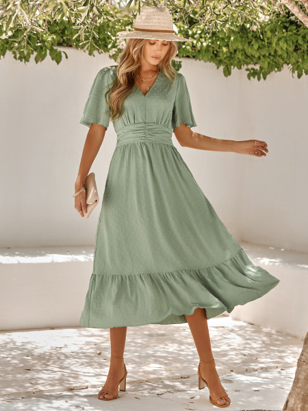 V-neck ruffle sleeve solid color dress for women