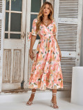 Leisure printed waistband bubble sleeved V-neck dress