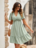 Fresh V-neck Solid Color Ruffle Sleeve Dress for Women