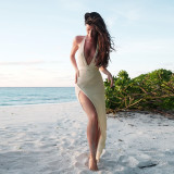 Sexy Deep V-Neck Tunneled Waist Split Neck Long Dress