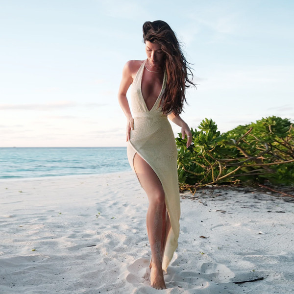 Sexy Deep V-Neck Tunneled Waist Split Neck Long Dress