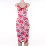Sexy Slim Fit Chest Show Print Lace Design Spicy Girl Strap Dress
