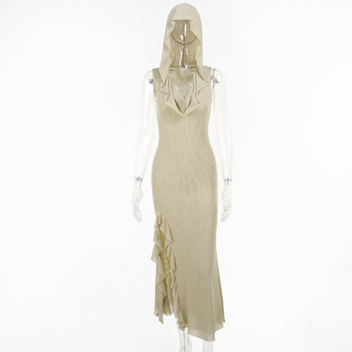 Sand Dune Waste Hat Pocket Design Solid Color Dress Vintage Sexy Slim Fit Split Long Dress Without Gloves